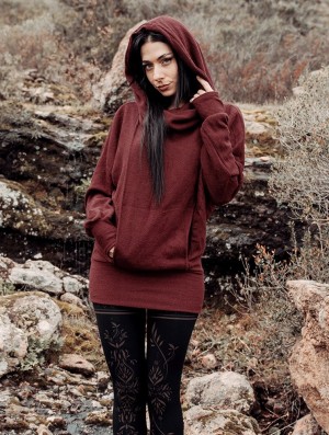 Pulover Toonzshop Helixx Retractable Hooded Long Sweater Dama Wine | JVKMCEQ-69
