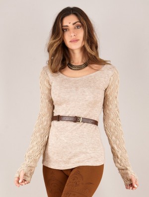 Pulover Toonzshop Oroshï Crochet Sleeve Sweater Dama Bej | MVPYEUC-18