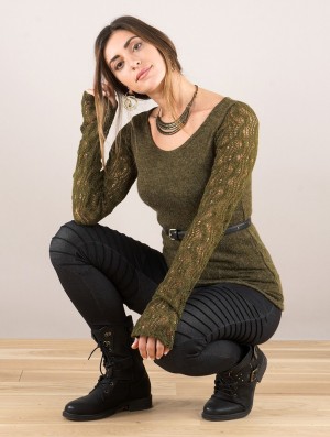 Pulover Toonzshop Oroshï Crochet Sleeve Sweater Dama Masline Verzi Verzi | HWLJUFA-36