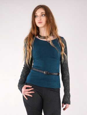 Pulover Toonzshop Oroshï Crochet Sleeve Sweater Dama Albastri | BJVCFQT-30