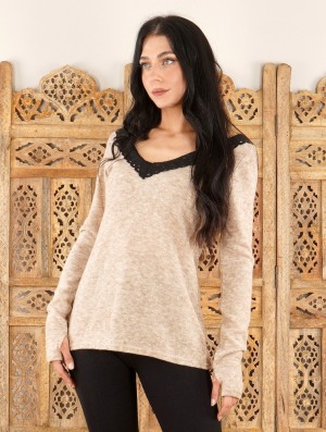 Pulover Toonzshop Ysälys Reversible Crochet-neck Sweater Dama Bej | TUKPMLV-21