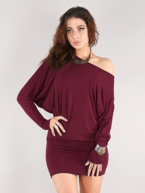Rochie Toonzshop Daedra Short Dress With Bat Wing Sleeve Dama Wine | EDKPVXM-78