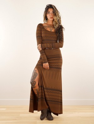 Rochie Toonzshop Inanna Aztec Pinted Long Sleeve Long Dress Dress Dama Goldenbrown | SRAGIPK-95