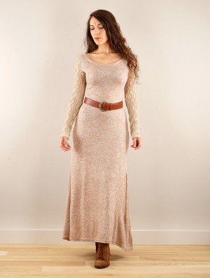 Rochie Toonzshop Melisandre Crochet Long Sleeve Long Sweater Dress Dama Bej | SBHWGOV-61