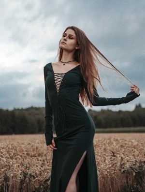 Rochie Toonzshop Valkyrie Lace-up Split Long Dress Dama Paon | ANUBWLS-74