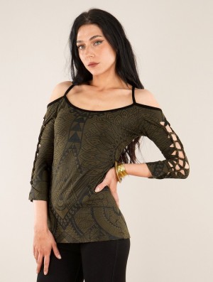 Sutiene Toonzshop Sedna Africa Cut Out Braided Back And 3/4 Sleeve Printed Top Dama Verzi | SHZFOQV-19