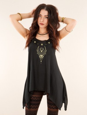 Topuri Toonzshop Alruwhani Printed Knotted Sleeveless Tunic Dama Negrii Aurii | NRIODPV-82