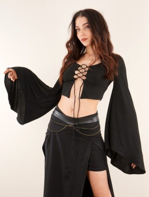 Topuri Toonzshop Elfique Flared Long Sleeve Crop Top With Front Lacing Dama Negrii | CAFVZSR-15