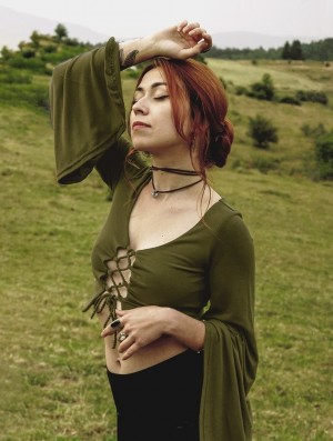 Topuri Toonzshop Elfique Flared Long Sleeve Crop Top With Front Lacing Dama Masline Verzi Verzi | HYDOTBW-87