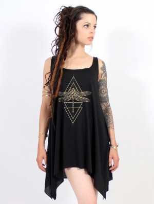 Topuri Toonzshop Geometric Dragonfly Printed Knotted Sleeveless Tunic Dama Negrii Aurii | NJSHPIW-38