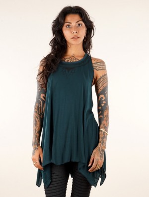 Topuri Toonzshop Lotus Luinil Printed Flared Tank Tunic Dama Albastri | KFQGPHD-91