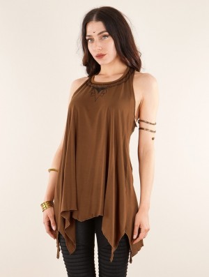 Topuri Toonzshop Lotus Luinil Printed Flared Tank Tunic Dama Caramel | QEVSAXF-09