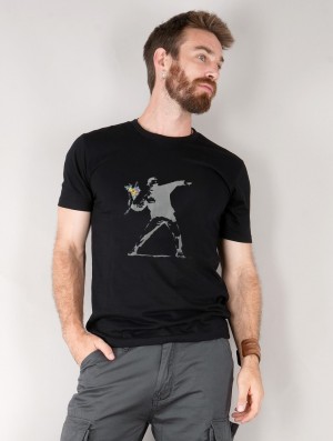 Tricou Toonzshop Banksy Hooligan Flowers Printed Short Sleeve T-shirt Barbati Negrii | AIBHKJE-69