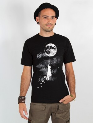 Tricou Toonzshop Moon Balloon Printed Short Sleeve T-shirt Barbati Negrii | XJEOFBP-86